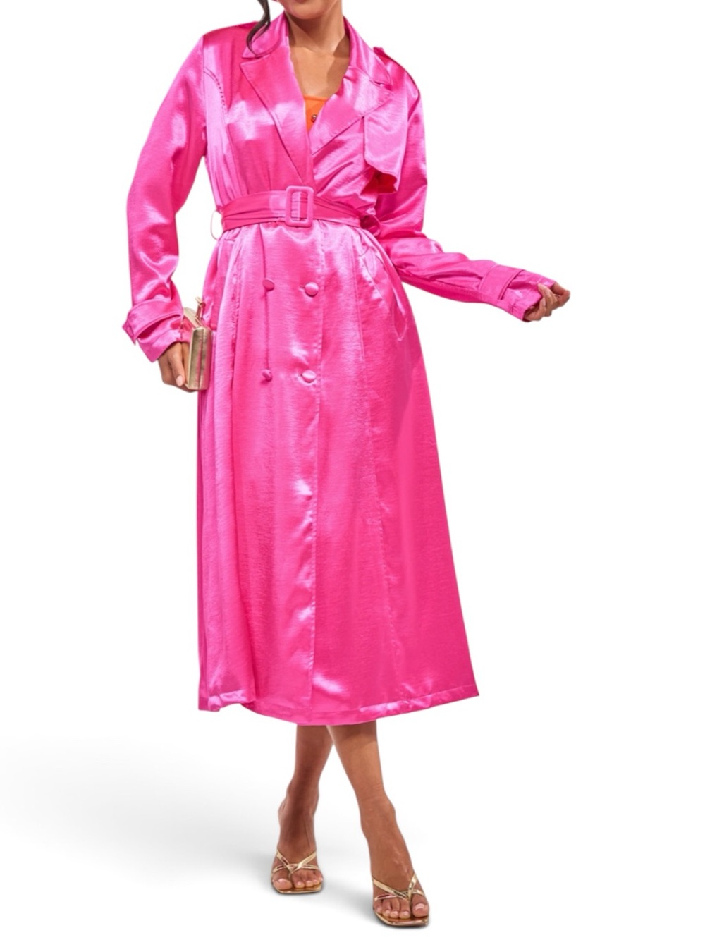 NWT AKIRA Bright Pink Satin Trench Coat with Belt
